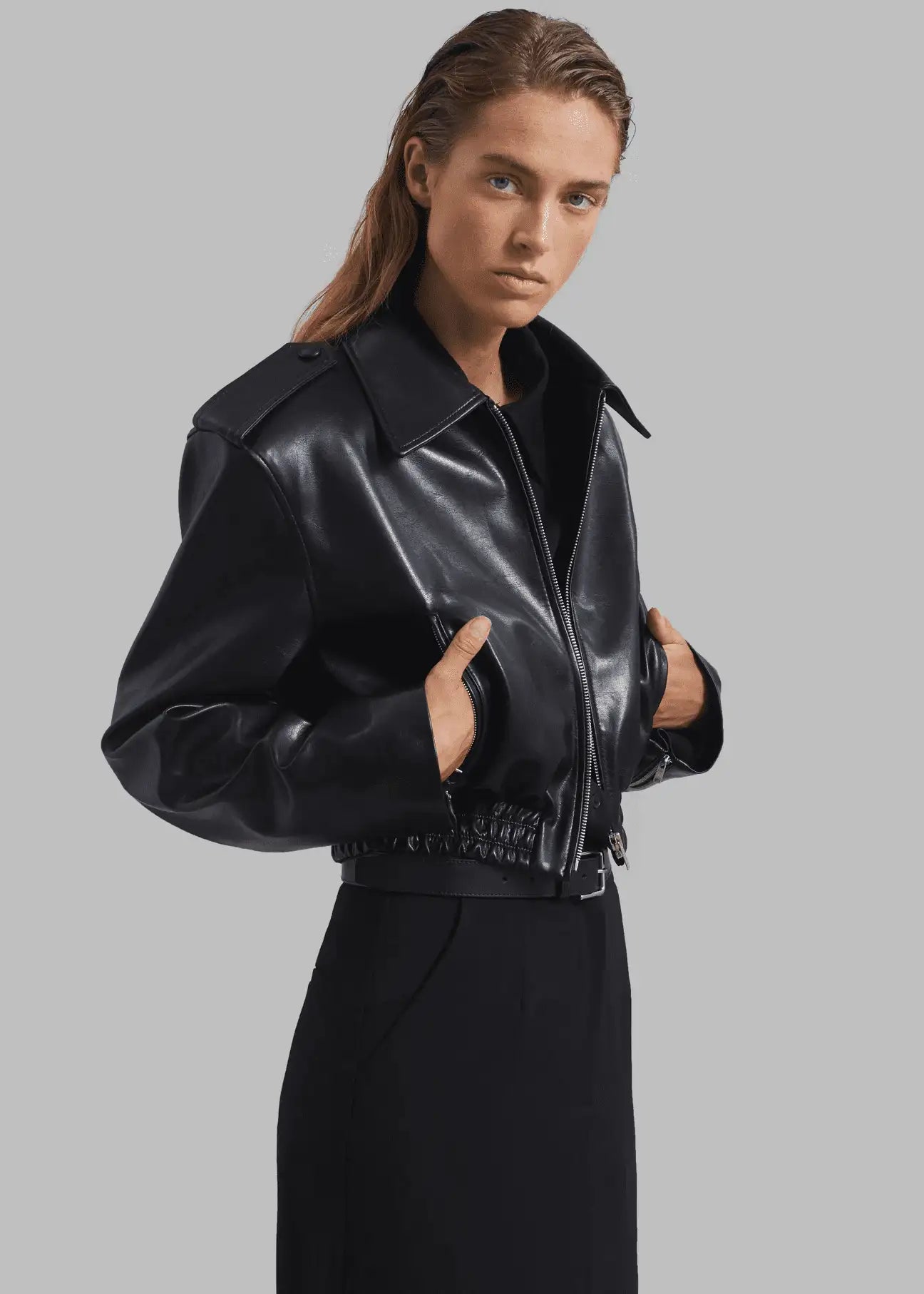 Leather Crop Bomber Jacket