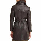 Women Brown Leather Belted Trench Coat
