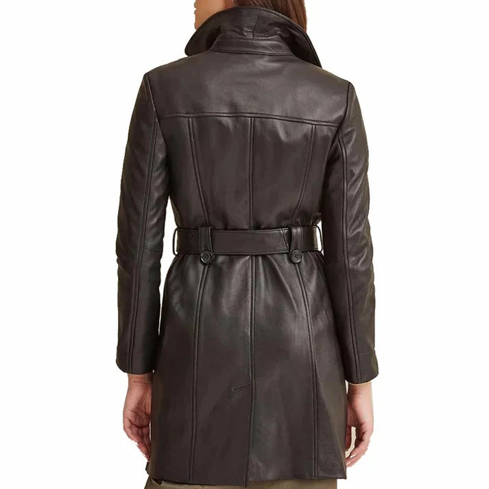 Women Brown Leather Belted Trench Coat