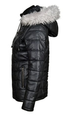 Women Winter Fur Trimmed Hoodie Puffer Leather Jacket