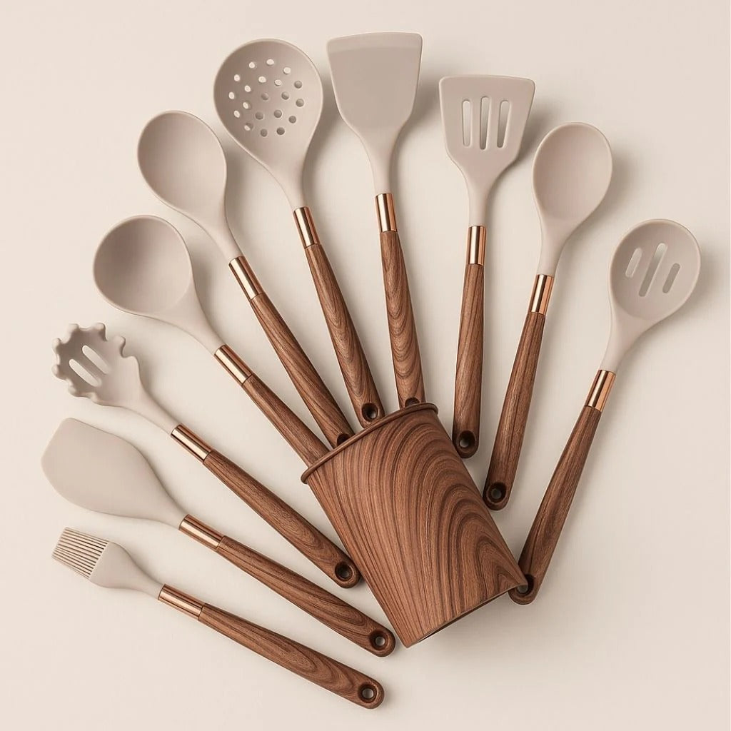 Full 11-piece Odriva utensil set with matching storage bin