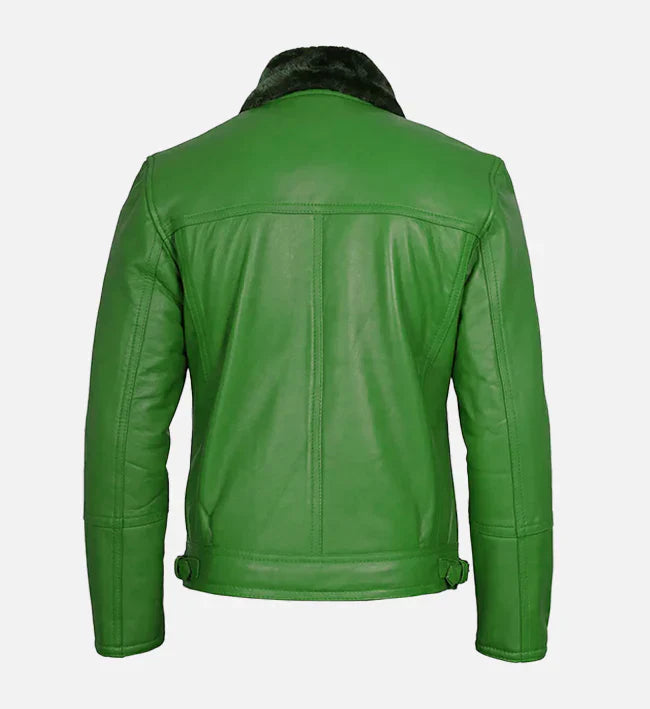 Green Shearling Leather Moto Jacket for Men