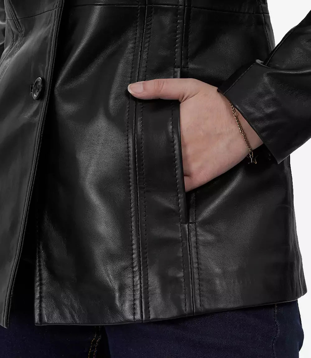Bitonto Womens Black Leather Coat - 3/4 Length