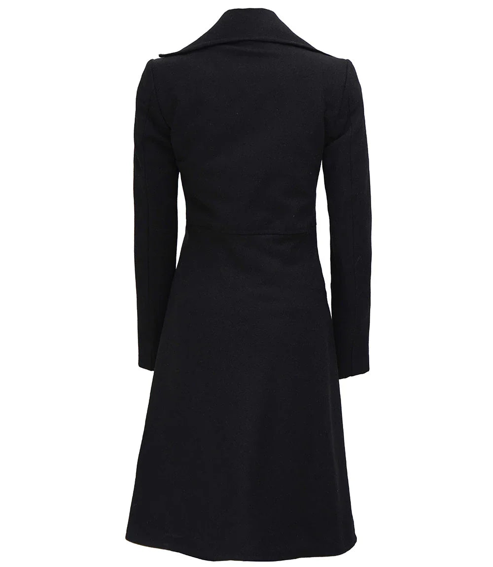 Womens Black Double Breasted Wool Trench Coat