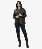 Womens Black Oversized Leather Trucker Jacket