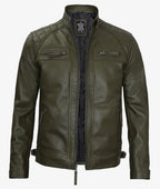 Premium Olive Green Cafe Racer Leather Jacket Men's Quilted Edition